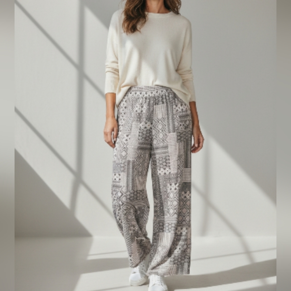 Wide Leg Elastic Waist Geometric Print Palazzo Pants W/Pockets XL